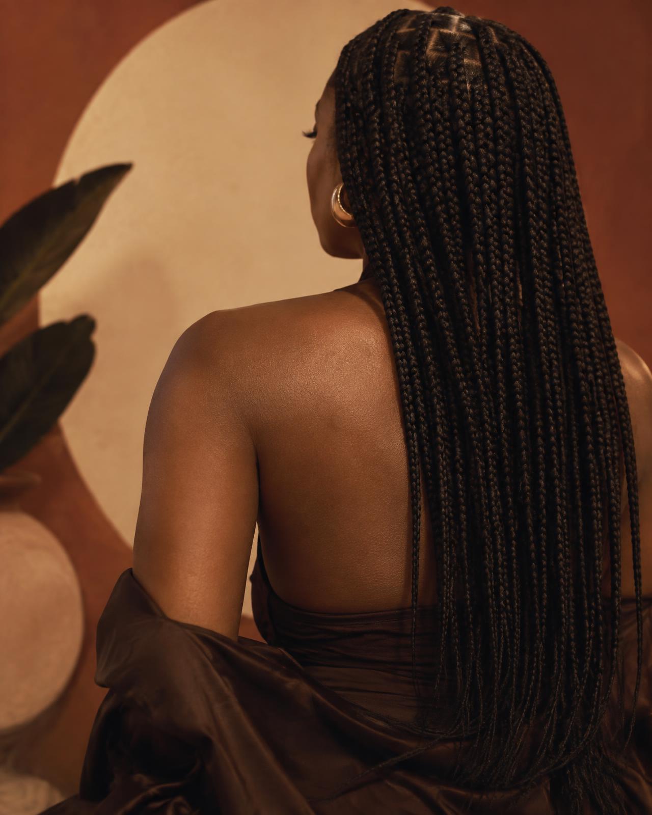 Close-up of knotless braids with a glossy finish