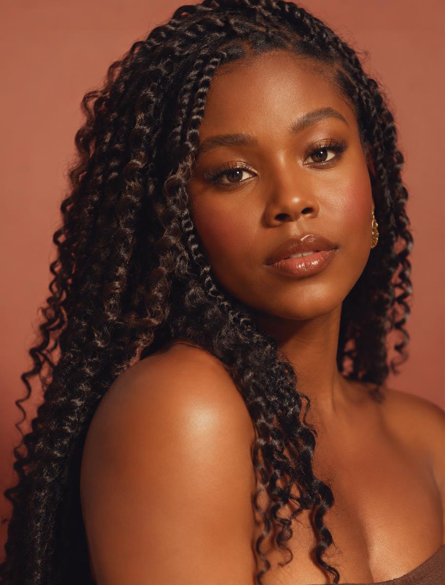 Passion twists on a Black woman, springy shoulder-length twists